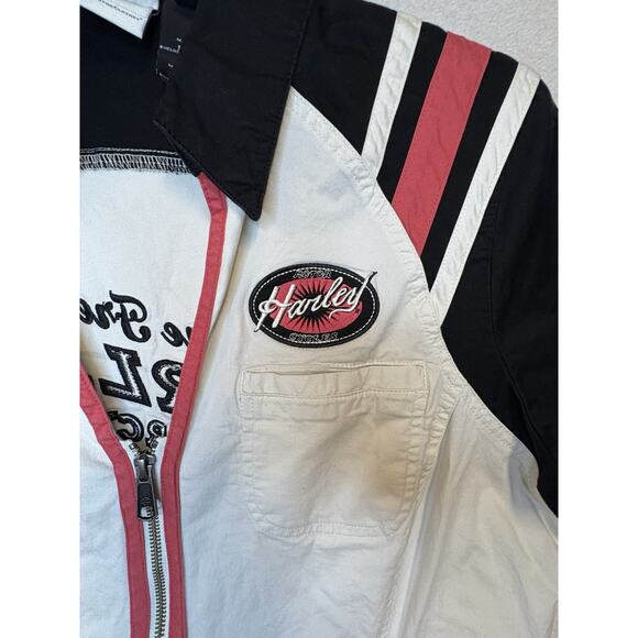 Vintage Harley Davidson Womens XL Spell Out Striped Full Zip Mechanic Shirt - Picture 3 of 10